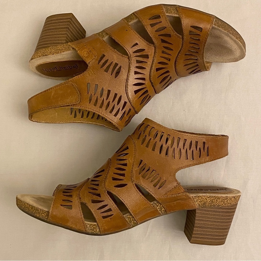 Josef Seibel 9-9.5 (40) Sunny 02 Brown Perforated Cutout Leather Heel Sandals - Picture 2 of 12